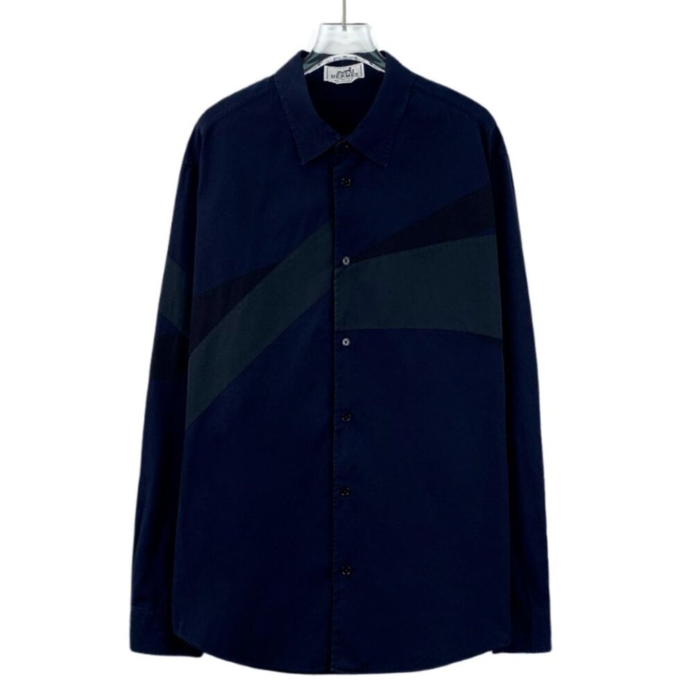 DM0107 Hermes Mens Long-Sleeve Button-Up Shirt With Geometric Stripe Design
